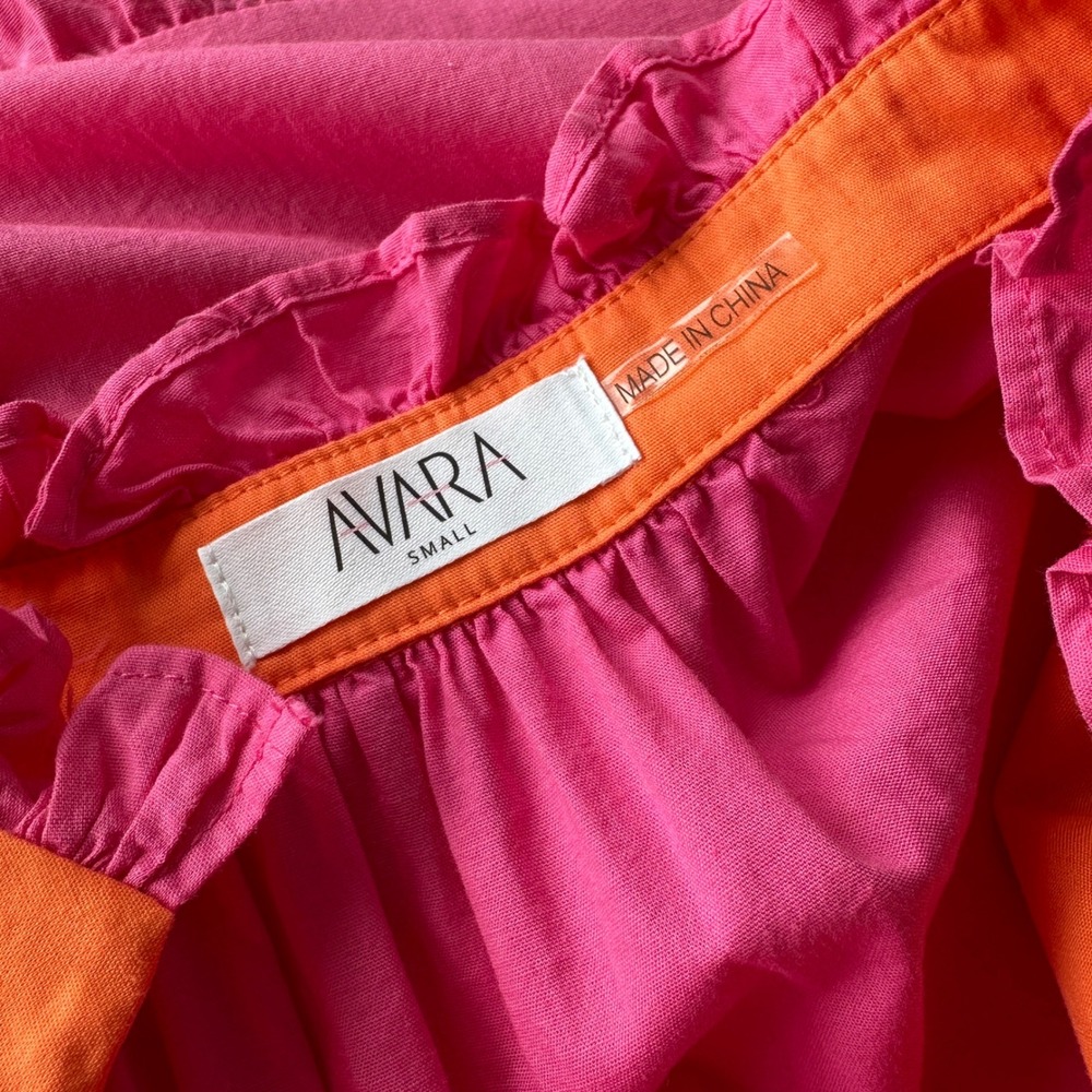 Avara Pink Tiered Everly Midi Dress Short Puff Sleeve Ruffle Cotton Size S - Picture 7 of 9